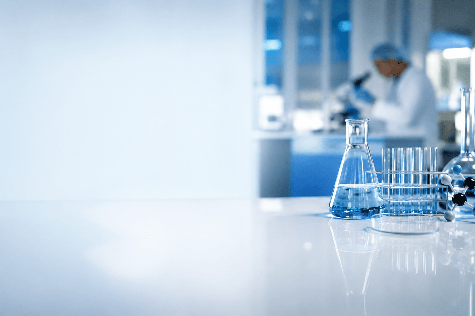 Laboratory bench at Lucid Pharmatech with glassware and a scientist working at a microscope
