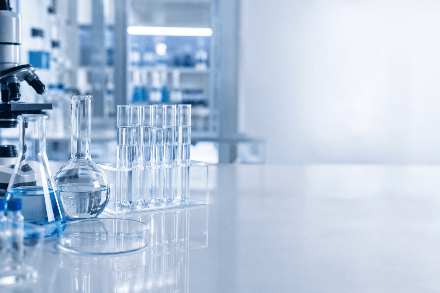 Laboratory glassware and a microscope on a clean bench
