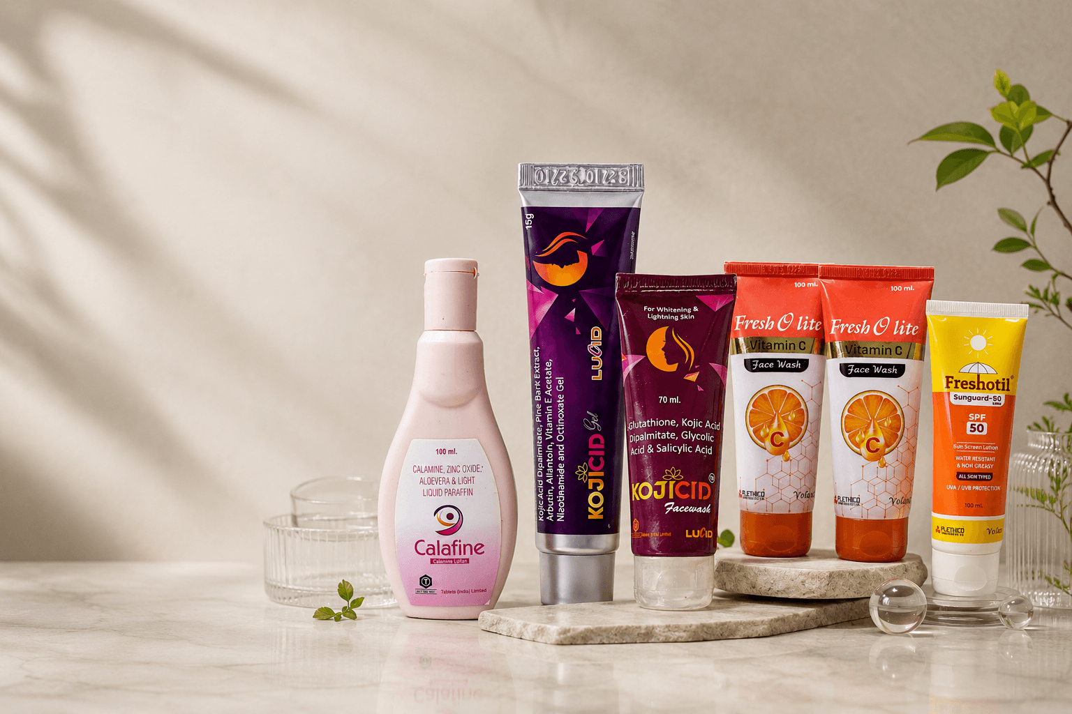 The Lucid consumer range including Calafine calamine lotion, Kojicid gel and facewash, Fresh O Lite Vitamin C face wash and Freshotil Sunguard-50