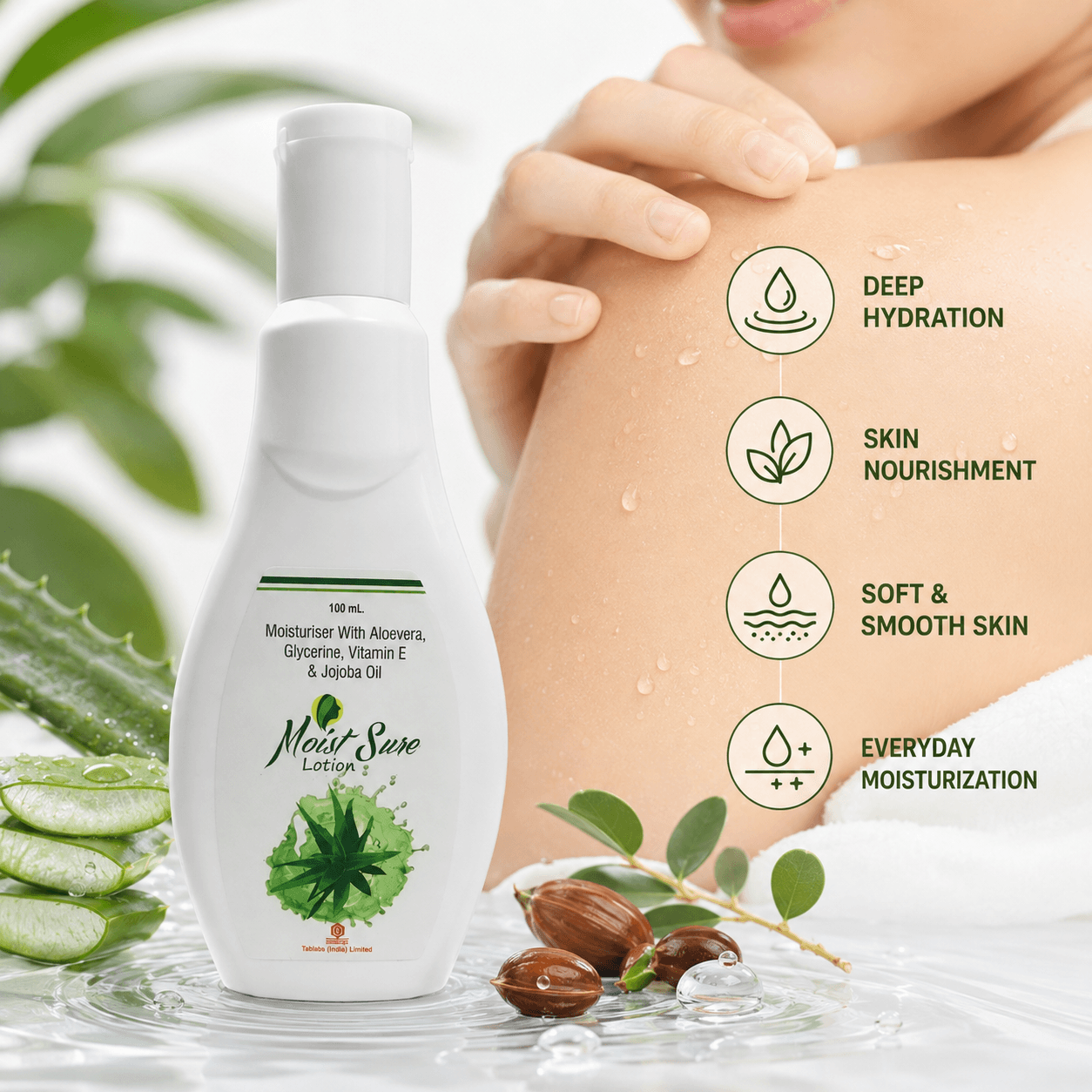 Moist Sure Lotion bottle, moisturiser with aloe vera, glycerine, Vitamin E and jojoba oil, 100 mL